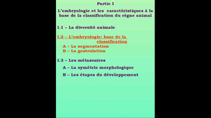 Partie 1.1 - Le règne animal et les bases embryologiques de la classification - La diversité animale